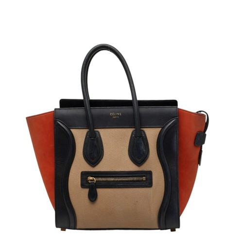 CELINE Luggage Micro Shopper Leather Tote Bag Beige Black Orange Women Used