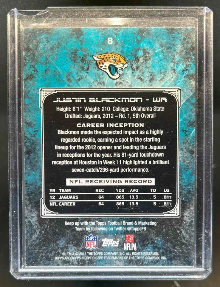 2013 Topps Inception Justin Blackmon Yellow #57/75 Jaguars - Image 2 of 2
