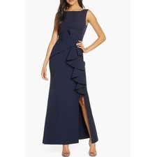 NWT Eliza J Sz 2 Ruffle Front Sleeveless Floor Length Gown in Navy Blue