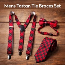Mens Tartan Plaid Tie Braces Formal Wedding Party Wear Bow Tie Suspenders Set