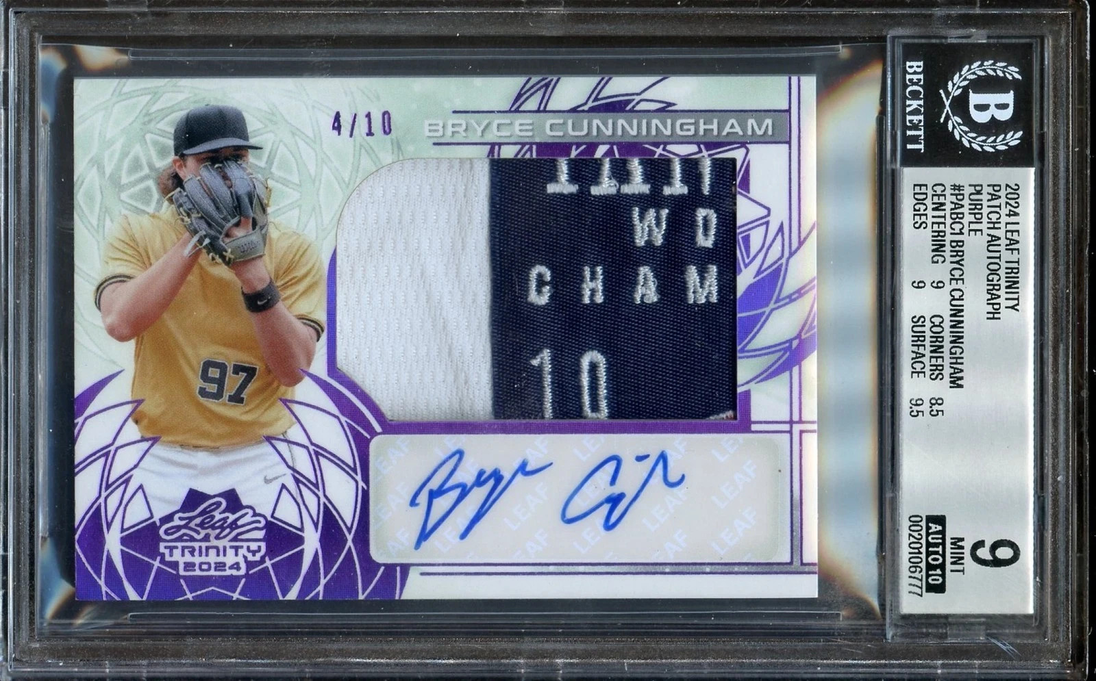 2024 Leaf Trinity Bryce Cunningham #PA-BC1 Patch Auto 10 Purple #4/10 MEM BGS 9