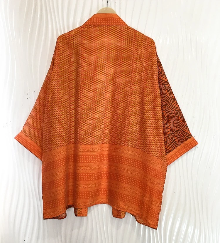 Jaqueta cardigã curta de seda pura quimono espanador capa roupão solto laranja KMS3726 - Imagem 4 de 4