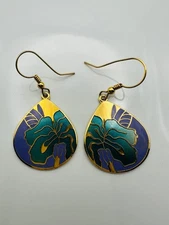 Meow signed gold tone enamel floral earrings