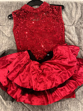 red sequin Kids jazz dance costume w/ unitard, 2 skirts, and accessories