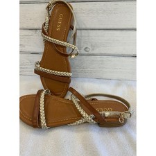 GUESS Gold & Tan Braided Strap Sandals Women Size 8 Low Heel Summer FestivalChic