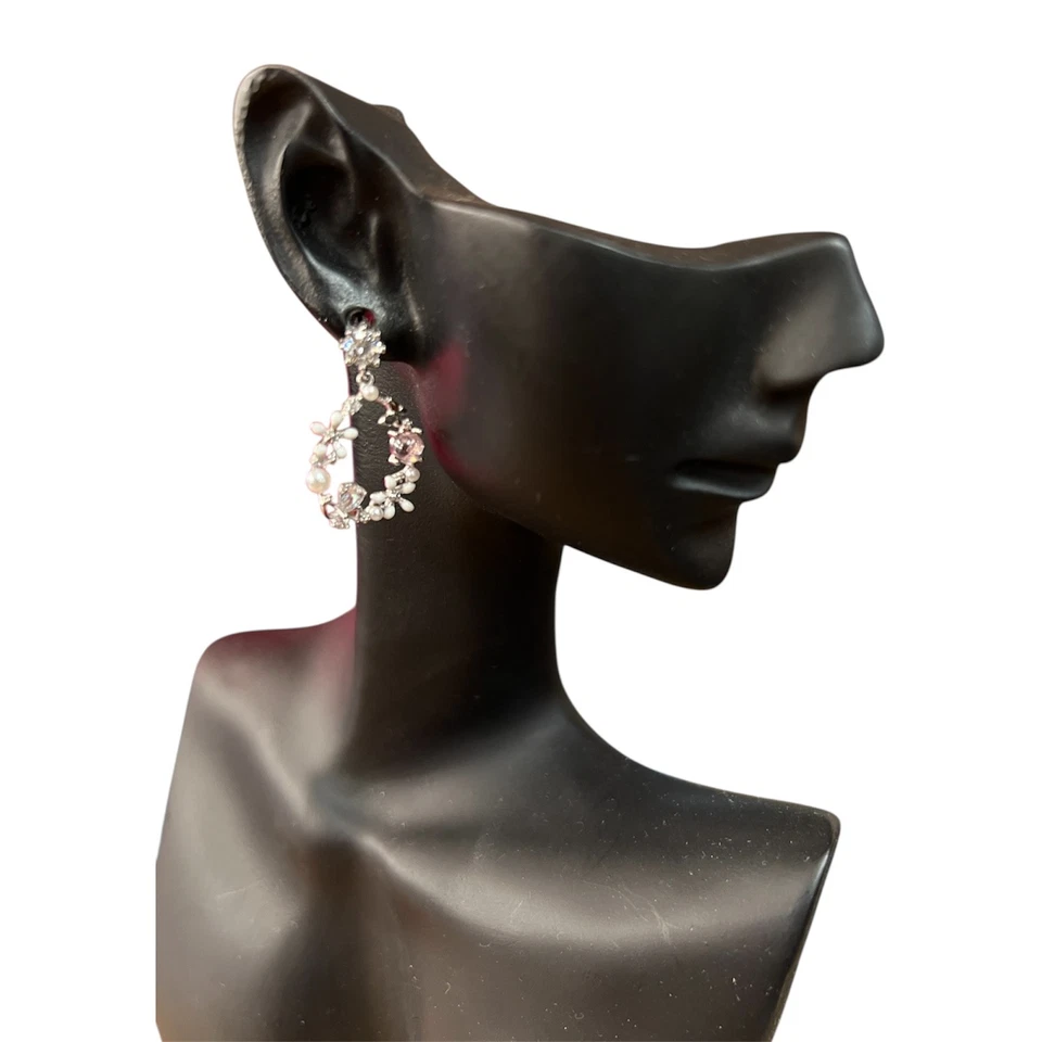 orecchini pendente argento 925 anallergico zirconi rosa fiore cuore perle goccia - Immagine 2 di 4