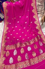 Pink 100 khadi Chiffon Sari Zari Banarasi Woven Designer Saree With Blouse Pce
