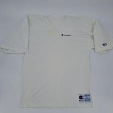 Champion Vintage V-Neck T-Shirt Mens L Cotton Poly White Solid Made in USA Logo