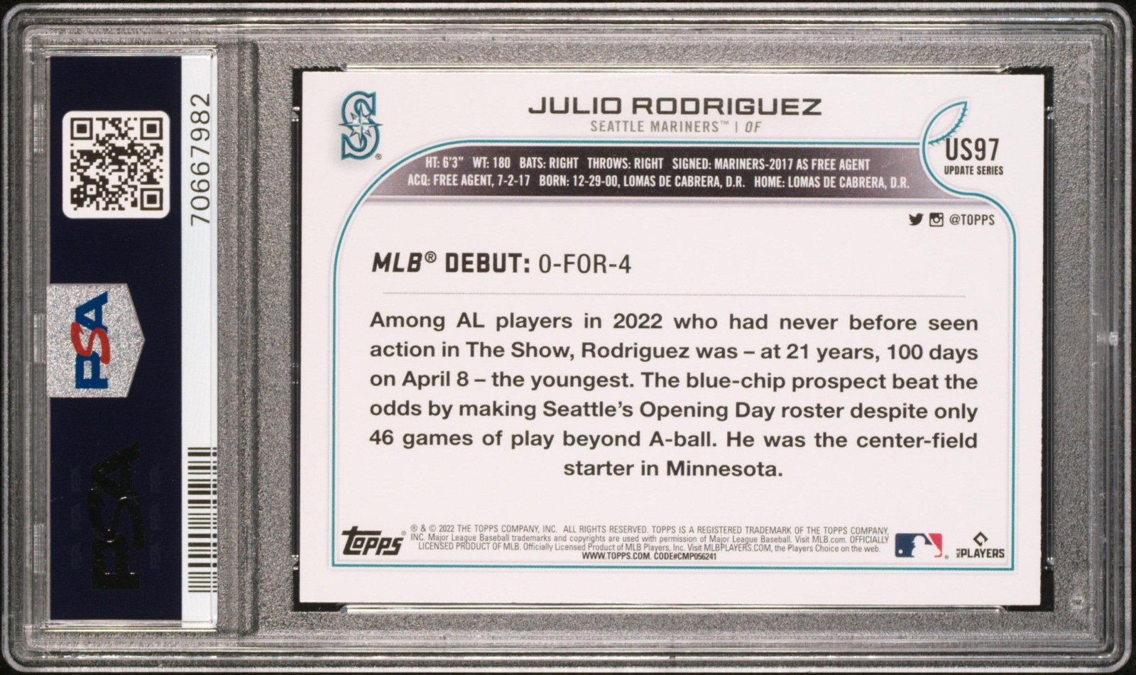 2022 Topps Update Julio Rodriguez Rookie RC Gold Foil PSA 9 Mint AF531 view 2