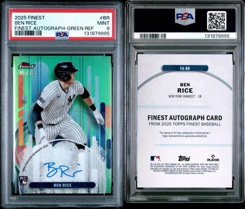 2025 Topps Finest Ben Rice Auto RC Green Refractor Rookie #/75 Yankees PSA 9