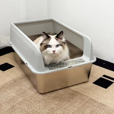 Large Stainless Steel Cat Litter Box with Scoop High Sided Litter Pan Non-Stick
