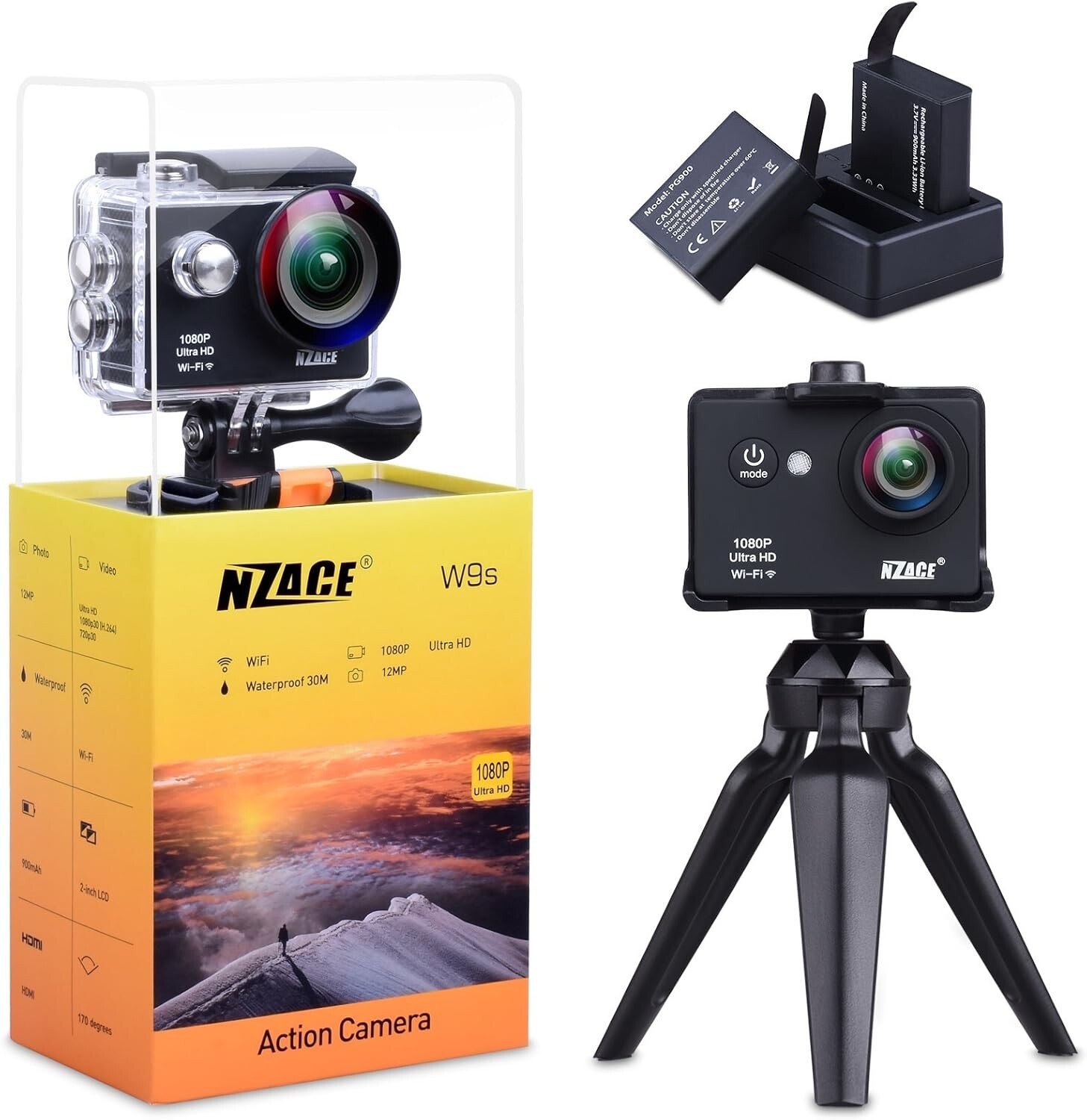 Action Camera 1080P, Ultra HD WiFi Waterproof 170 Degree Wide Angle 12 MP DV.-image