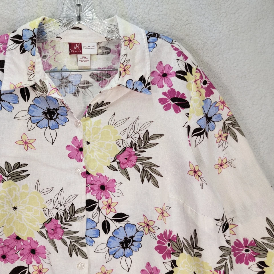 Jennifer Moore Women Top Plus Size 18W White Floral Linen Collared Button Blouse - Image 3 of 4