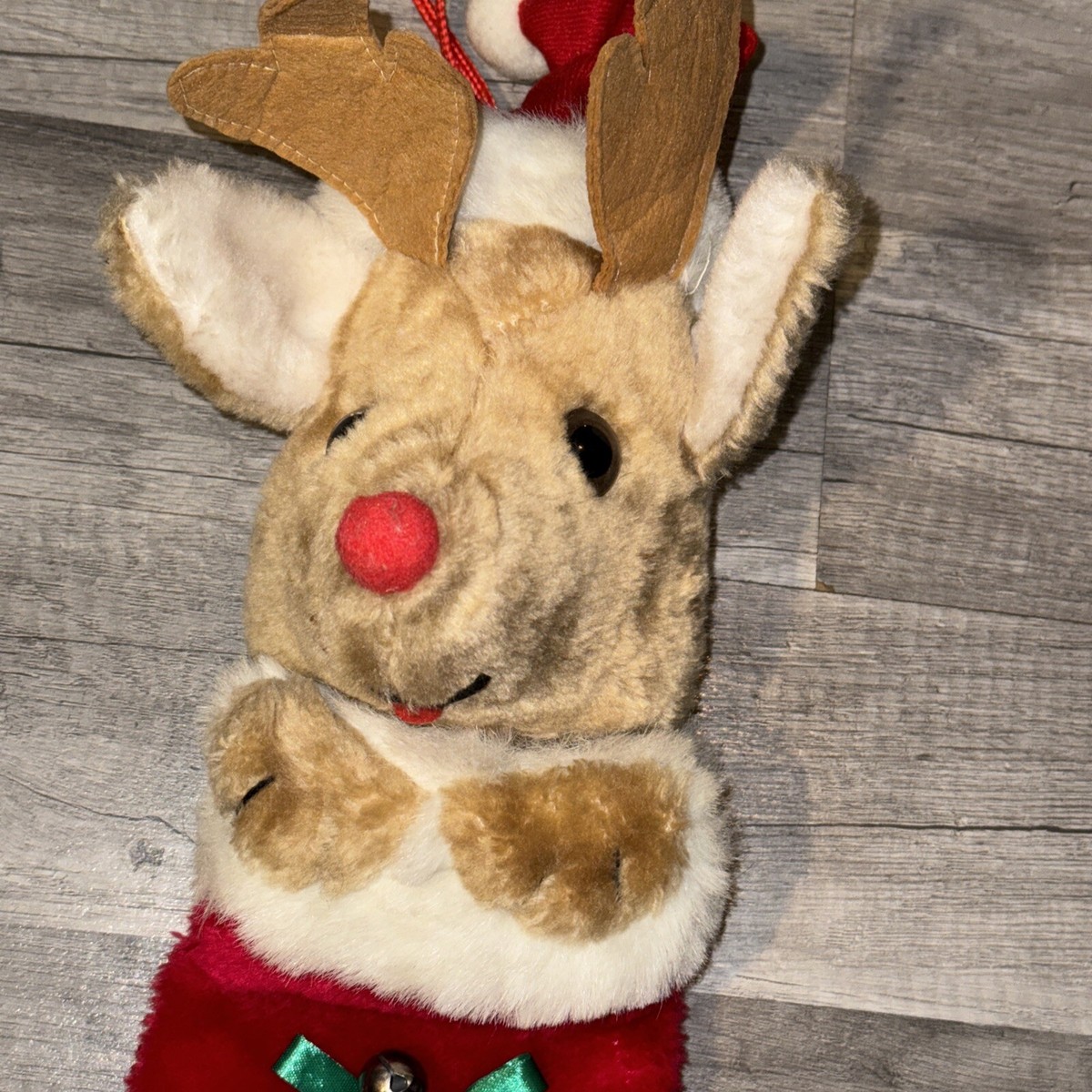 Vintage Reindeer Plush Christmas Stocking 18” Rudolph Red-Nosed