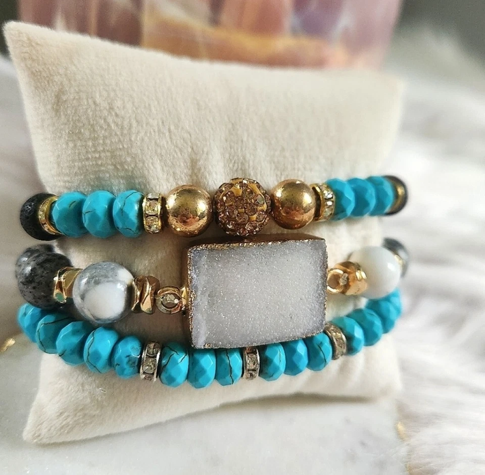 NWT Ryze Natural Lava Stone, Druzy, Larvikite, & Turquoise Bead Staxx Bracelets - Image 2 of 4