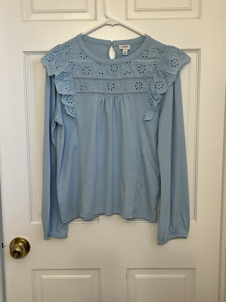 J Crew Factory Eyelet Shoulder Ruffle Light blue Long Sleeve T