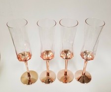 NEW SET OF 4 LUSTER METALLIC ROSE GOLD MIRROR+CLEAR CHAMPAGNE,FLUTE+STEM GLASS