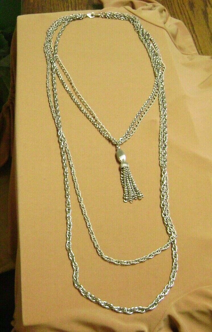 VINTAGE MULTI PATTERN MULTI CHAINS FRINGE SILVER … - image 1
