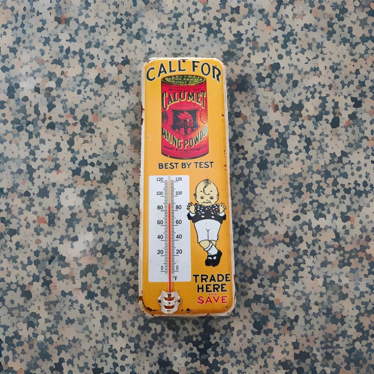Vintage Calumet Backing Powder Thermometer Tin merchandise 1950 No Porcelain