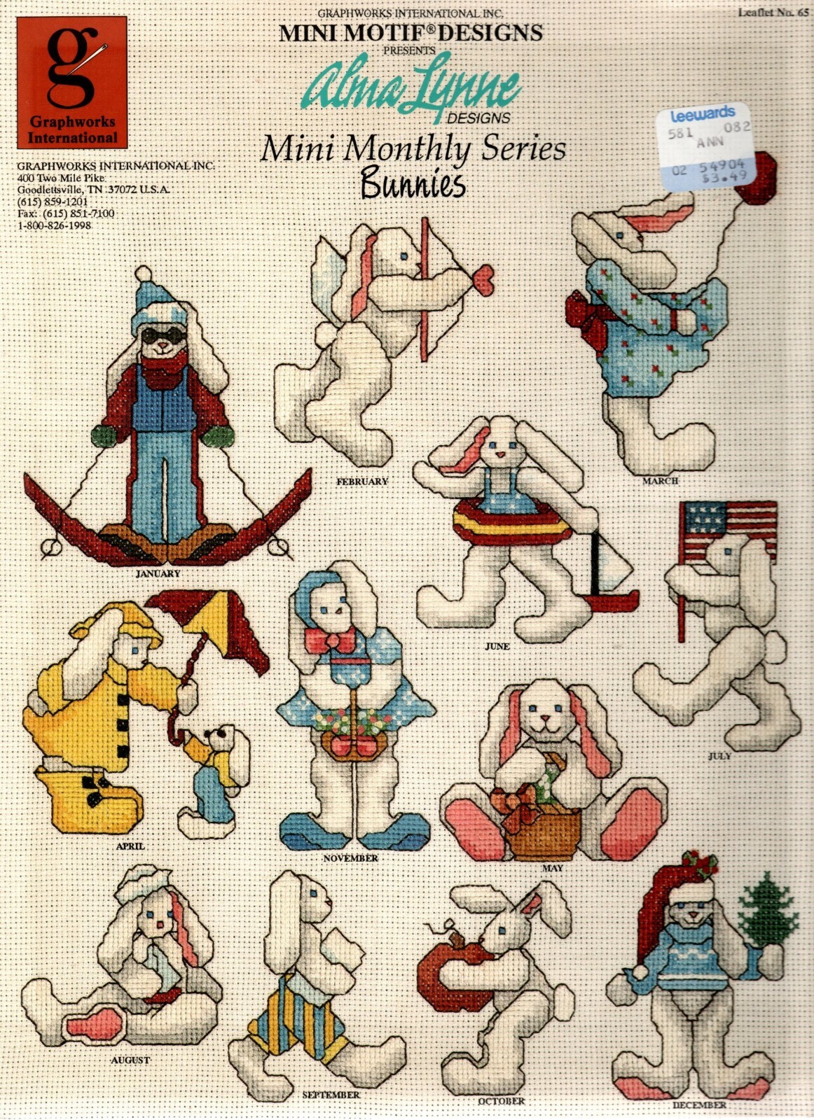 Graphworks No. 65 ALMA LYNNE Mini Monthly BUNNIES Cross Stitch Pattern Leaflet