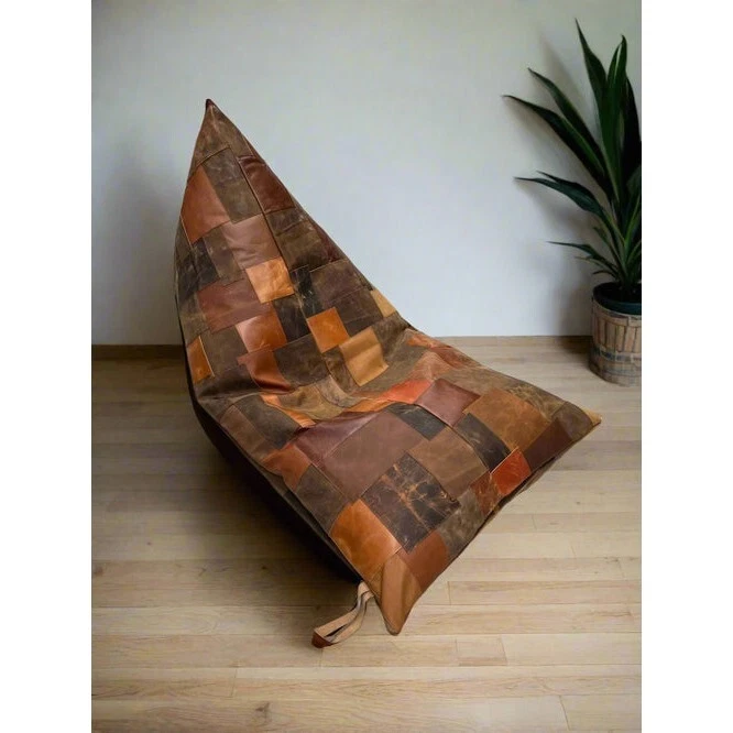 Vintage Leather Patchwork Bean Bag Cover - Upcycled Cowhide Lounger - Image 3 of 4
