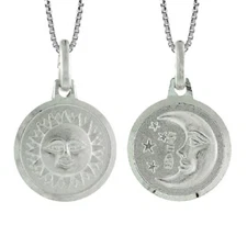 Sterling Silver Double Sided Sun Crescent Moon Pendant Charm, Italian Box Chain