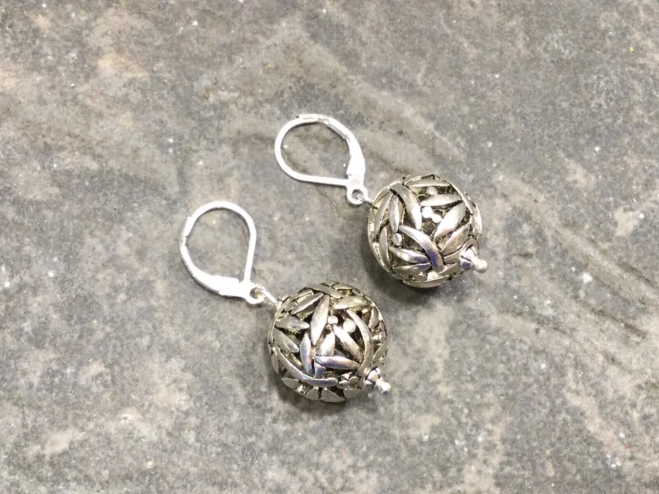 Dragonfly Silver Filigree Ball dangle Earrings with Sterling Silver Leverbacks  - Image 3 of 4