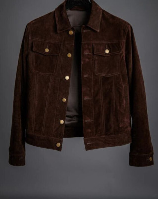 Men's Suede Leather Jacket Trucker Style Real Suede Leather Shirt Jacket Brown