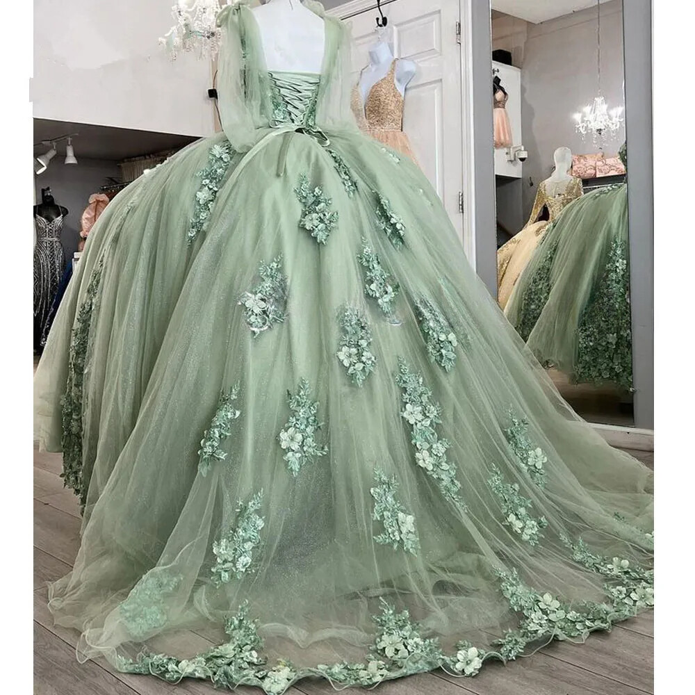 Mint Green Quinceanera Princess Dress 3D Floral Strapless Sweet 15