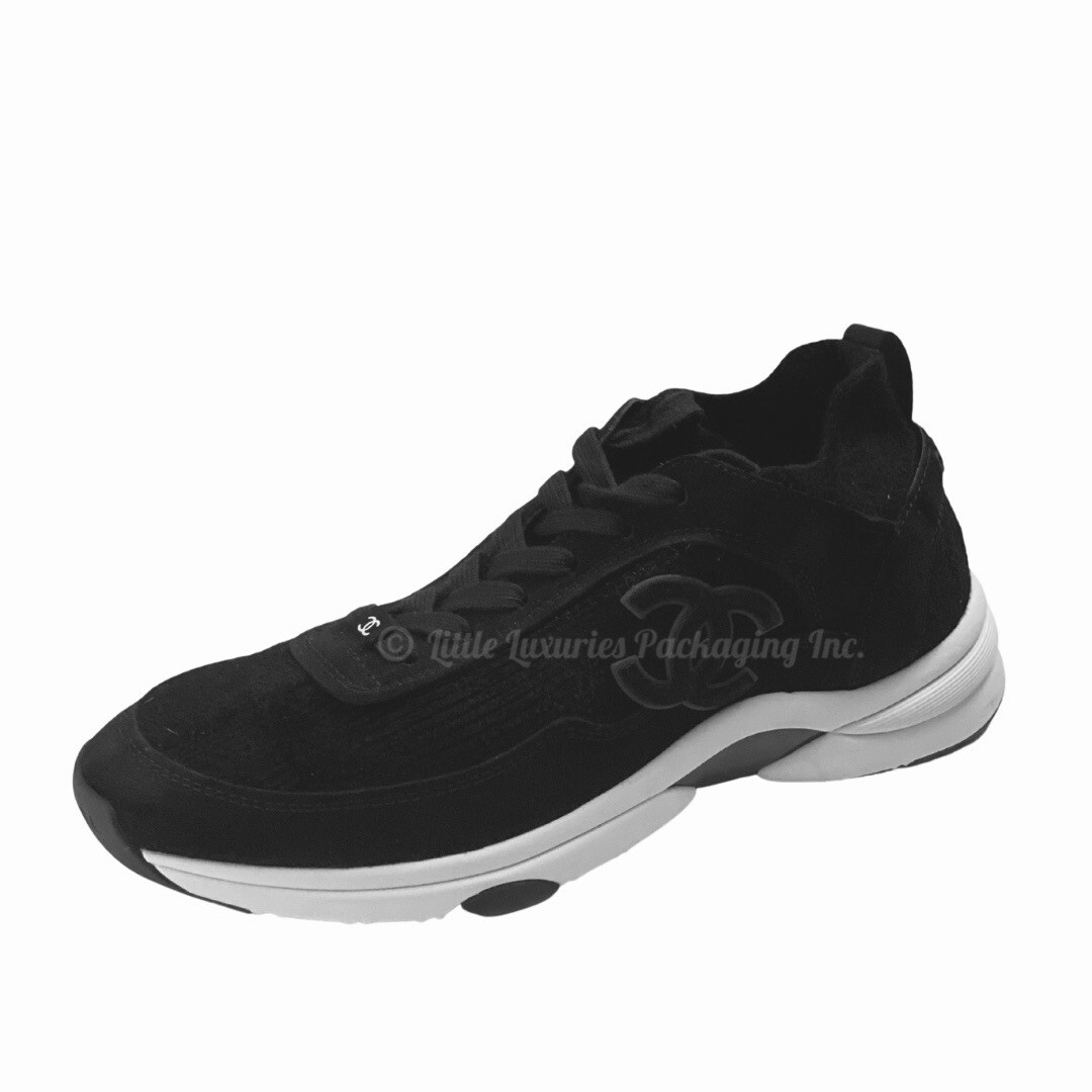 Authentic Chanel Women's Black/Black Knit Fabric Suede Calfskin CC Logo Sneakers image 3