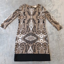 Michael Kors Shift Dress Size 8 Gray Black Paisley Long Sleeve Stretch