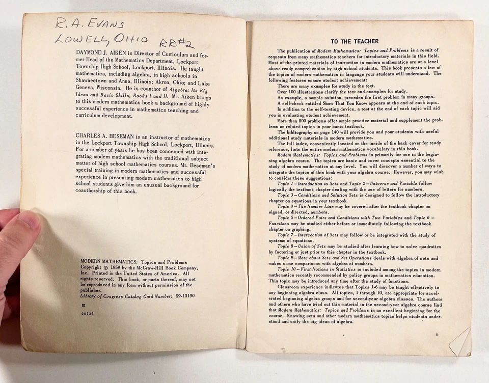 1959 Aiken MODERN MATHEMATICS TOPICS & PROBLEMS Teacher's Edition w/answers - Image 3 of 4