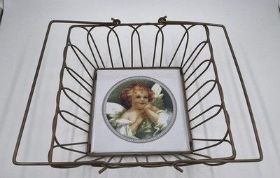 Vintage Iron Metal Wire Basket With Ceramic Plate Cherub Angel