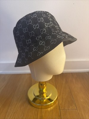 Gucci GG Black & White Denim Bucket Hat with leather trim | unisex