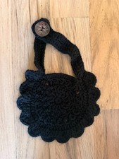 Handmade Black Crochet Hanging Towel Ring Holder w/ Floral Wooden Button Accent