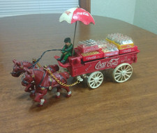 Vintage Cast Iron Coca Cola Horse Drawn Wagon With Umbrella  Cases Bottles