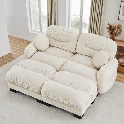 Chenille Sectional Sofa 2 Seater w/ 2 Ottomans & 2 Pillows, Beige L-Shape