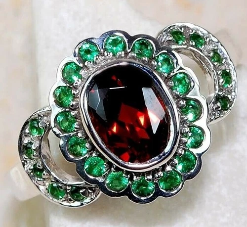 1CT Treated Garnet & Emerald 925 Sterling Silver Filigree Look Ring Sz 7 F3-5