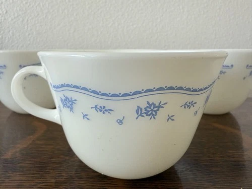 Vintage Pyrex Corelle Corning Morning Blue Coffee Tea Cups Milk Glass Set of 4