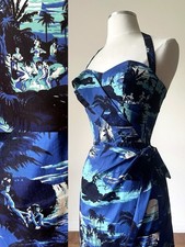 Vtg Alfred Shaheen 50s RARE Blue & Aqua Island Scenes Sarong Halter Dress 10 XS