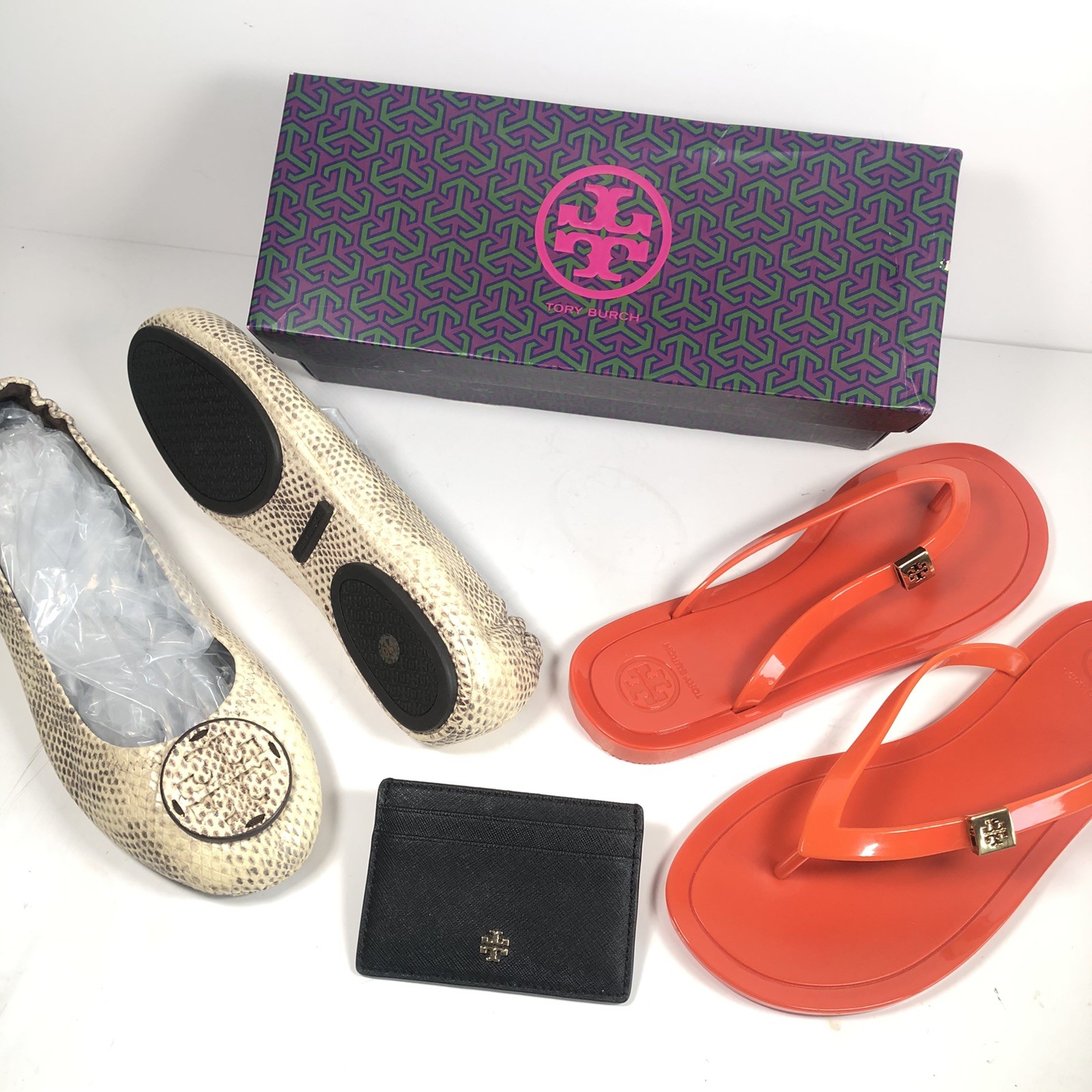 Tory Burch Bundle Lot Set Of 3 Ballet & Sandal Flats Size 9 Wallet Card Holder