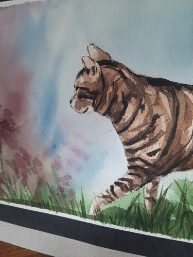 Quadro acquerello orig gatto tigre MINDY TRA I FIORI Pat Rayman DELPHOS OH - Foto 3 di 19