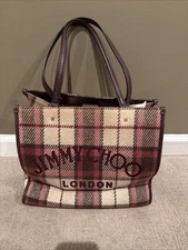 Jimmy Choo Varenne Tote Bag in Burgundy Check Plaid Wool w/ Logo Embroidery