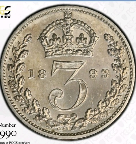 1893 Großbritannien Silber Threepence 3dD - Queen Victoria Platte von PCGS PF64CAM - Bild 3 von 6