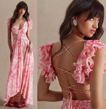 Mac Duggal Size 4 Pink Floral 9161 Ruffle Shoulder Empire Waist Lace Up Gown NWT