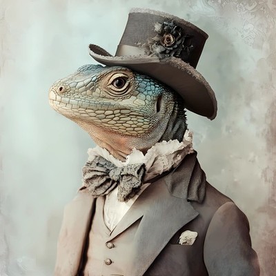 Lord Lizard mit Zylinderhut mit Blumendekor und formellem Outfit, in