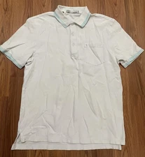 Criquet Polo Shirt Mens Large White Teal Tipped Collar Pocket Golf Pique Casual
