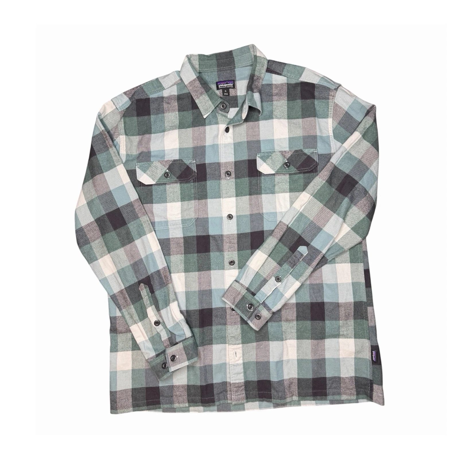 Patagonia Organic Cotton Flannel Shirt XL Green Plaid Button Up Hiking Outdoor