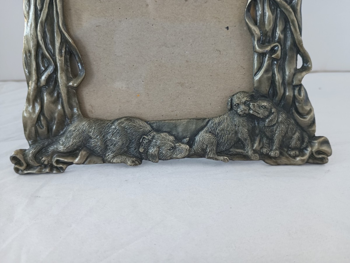 Vintage Antiqued Brass Metal Dogs Picture Frame Victorian