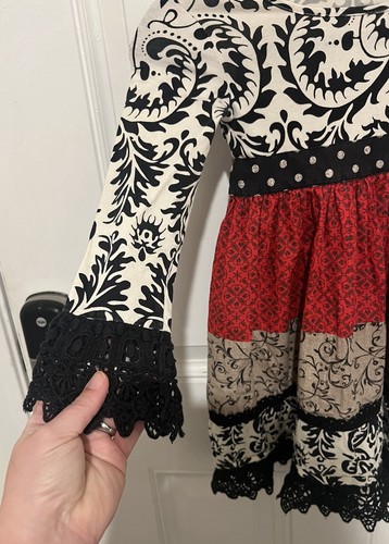 Mustard Pie Tiered Red, Black & White Damask Patchwork Dress with Lace Trim Sz 4 - Picture 9 of 13